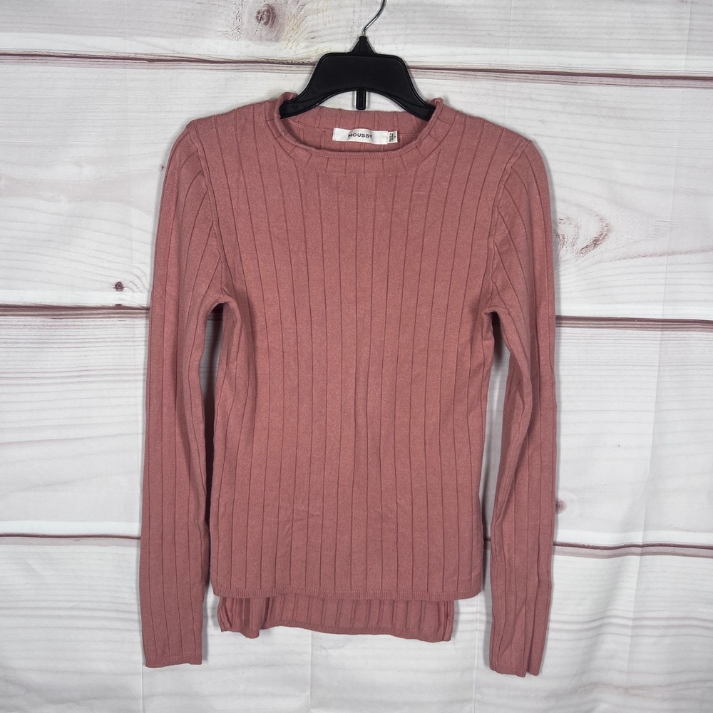 MOUSSY Top Womens 1 Small Pink Ribbed Knit Crewneck Long Sleeve Slim Fit Shirt